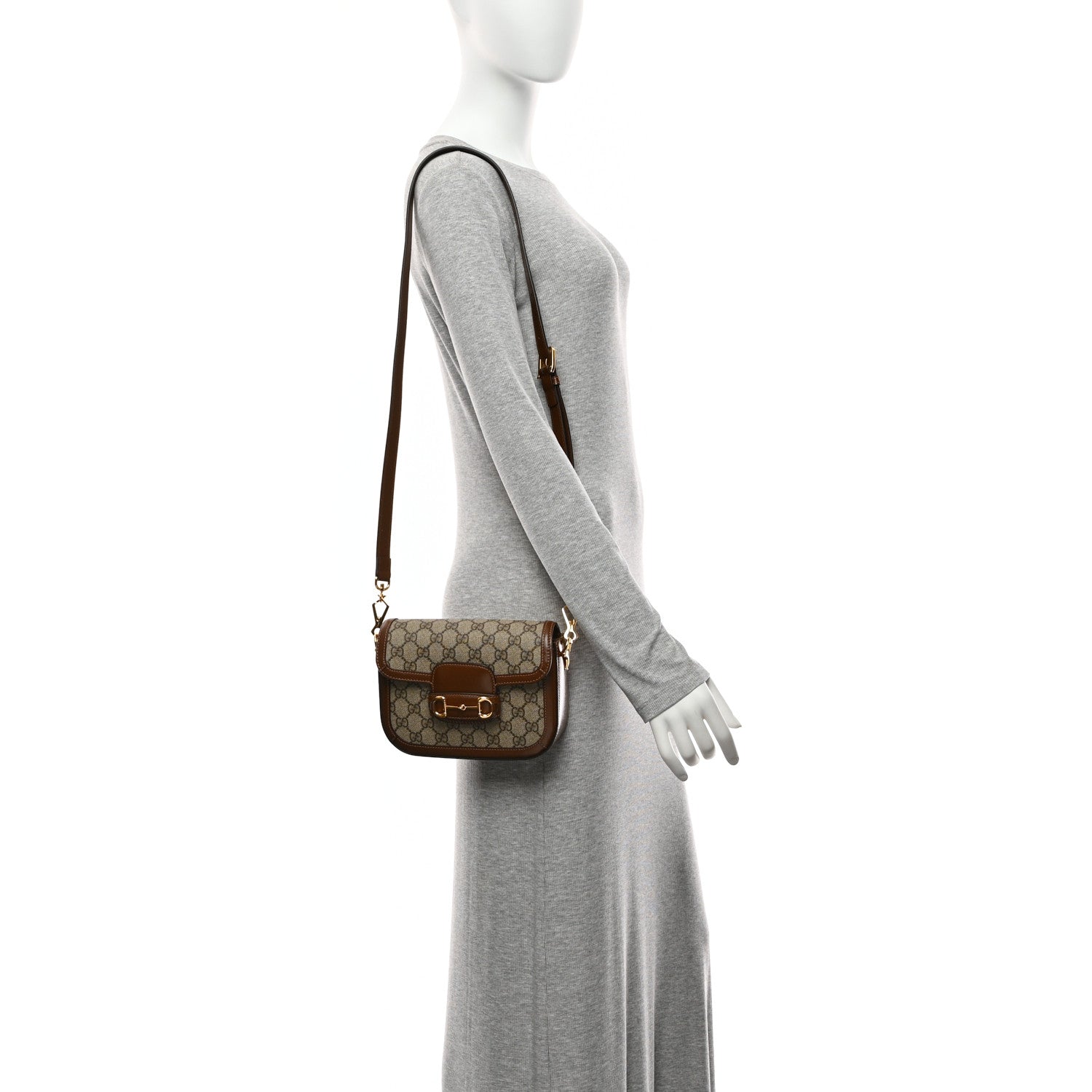 Gucci GG Supreme Monogram Web Mini Horsebit 1955 Shoulder Bag Beige Brown Sugar