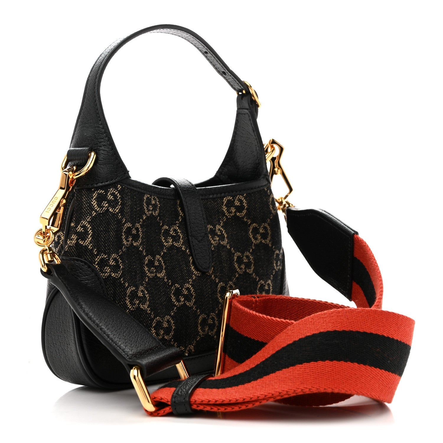Gucci Jacquard Black Denim GG Monogram Textured Dollar Calfskin Mini Jackie 1961 Hobo Black Ivory