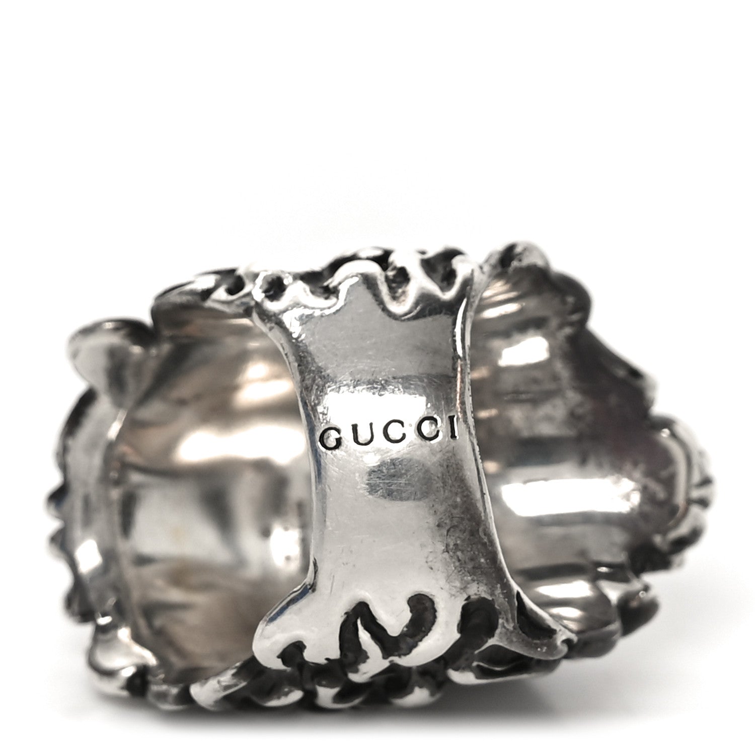 Gucci Metal Crystal Lion Head Ring  49 4.75 Black Aged Silver