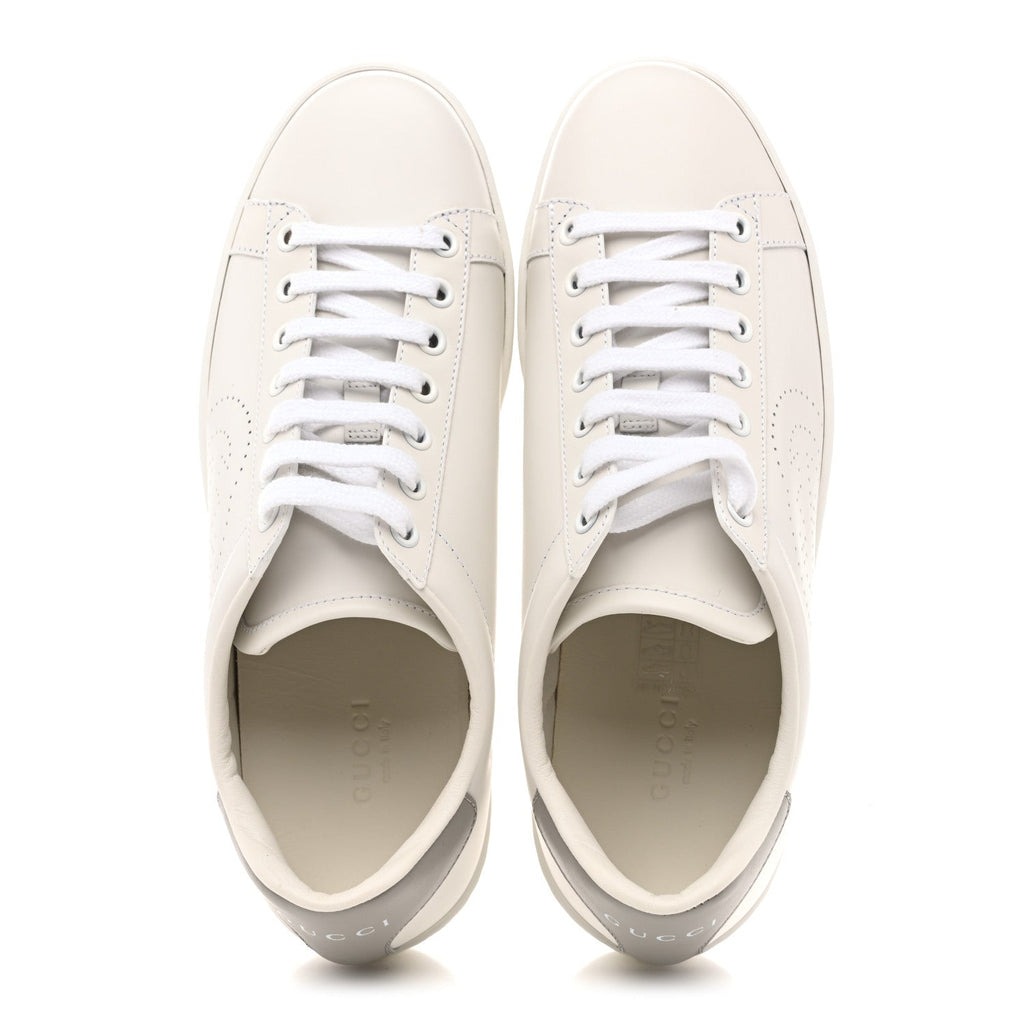 Gucci Calfskin Interlocking G Perforated Womens Ace Sneakers 37.5 White Grey Sky