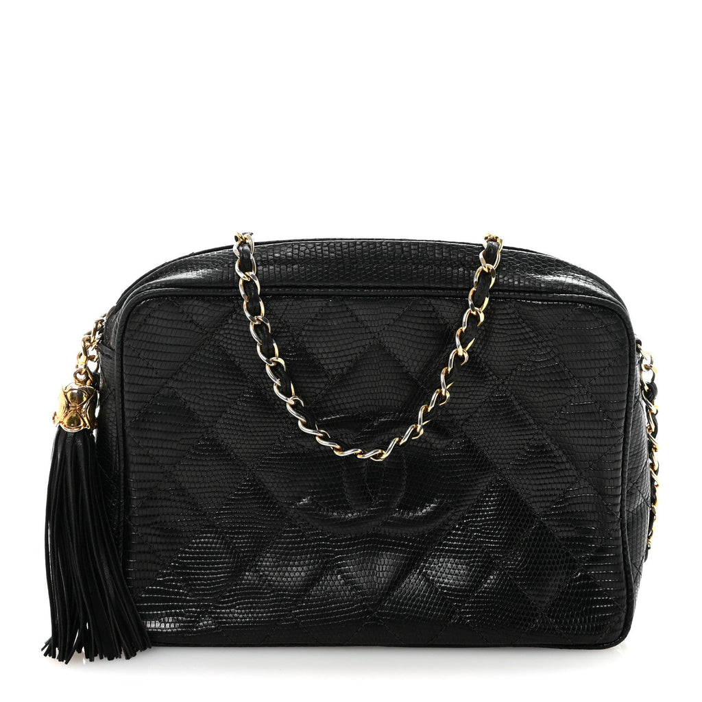 Chanel Lizard Diamond Quilted Tassel Camera Case Black