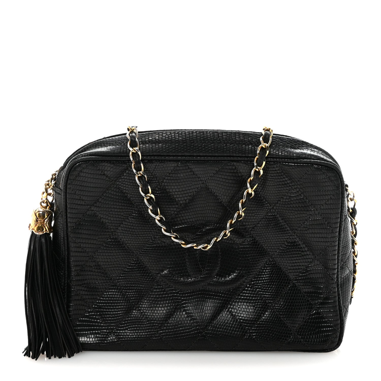 Chanel Lizard Diamond Quilted Tassel Camera Case Black