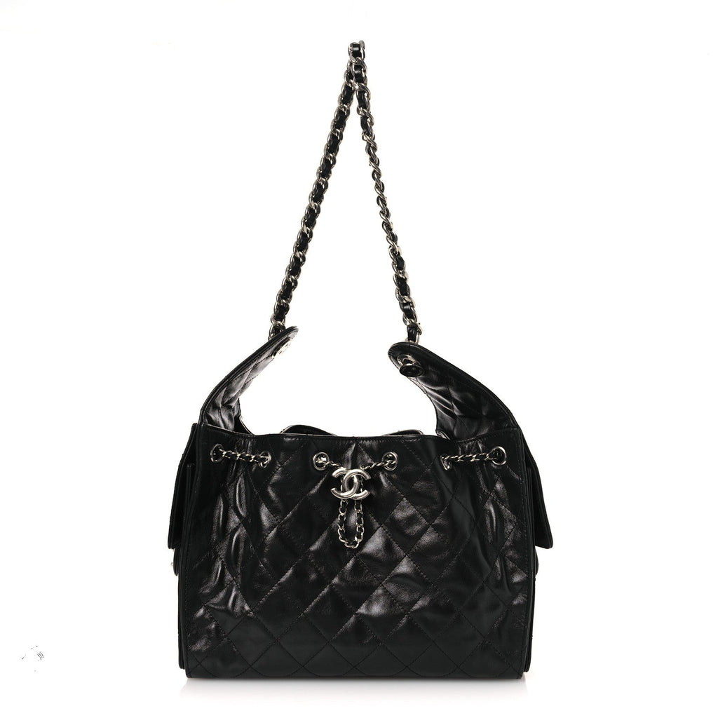 Chanel Shiny Crumpled Calfskin Quilted Small Chanel 25 Handbag Black