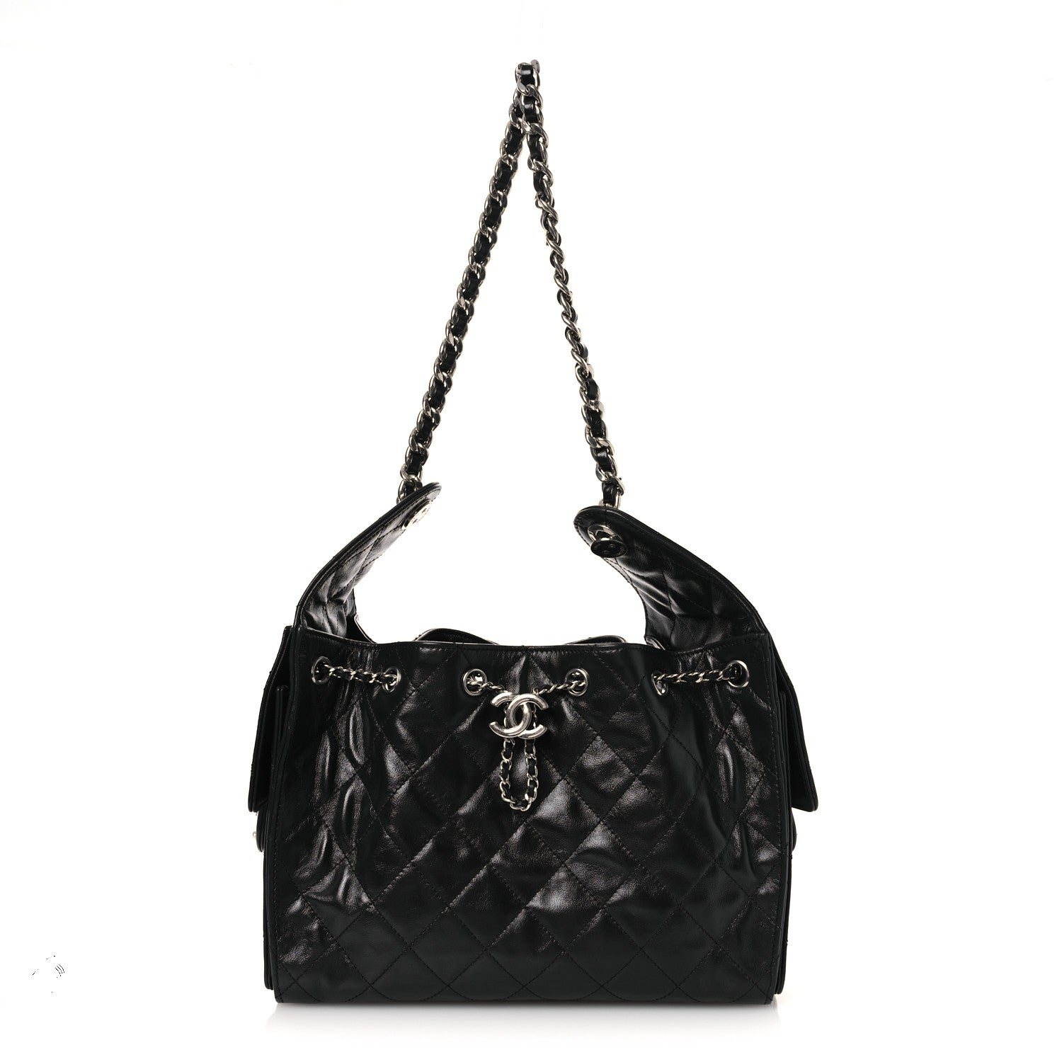 Chanel Shiny Crumpled Calfskin Quilted Small Chanel 25 Handbag Black