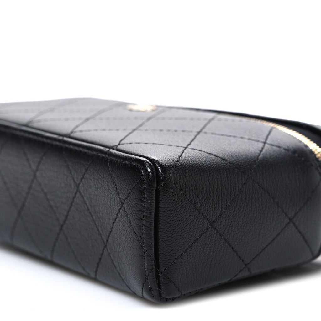 Chanel Goatskin Stitched Top Handle Slim Vanity With Chain Black