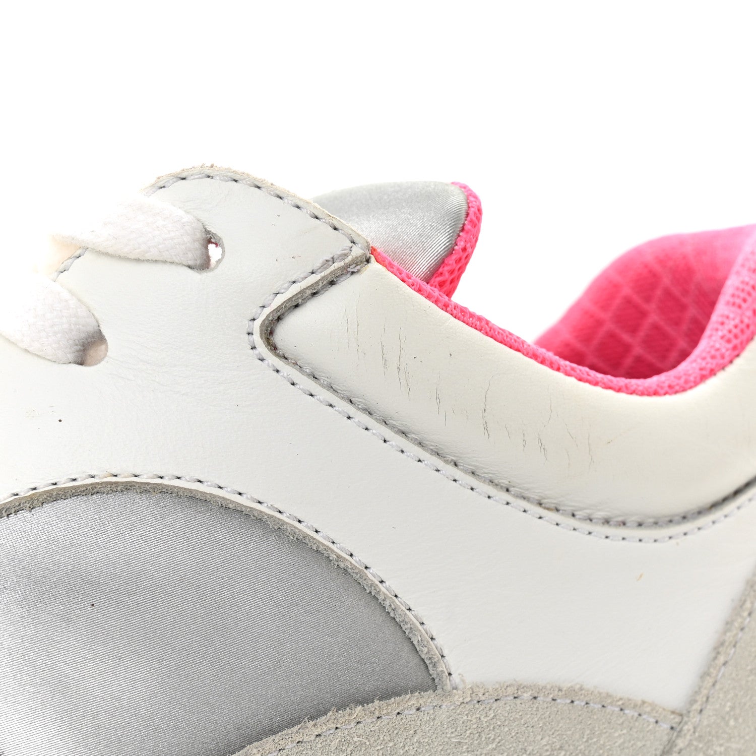 Calfskin Fabric Sneakers 36 White Silver Fluo Pink
