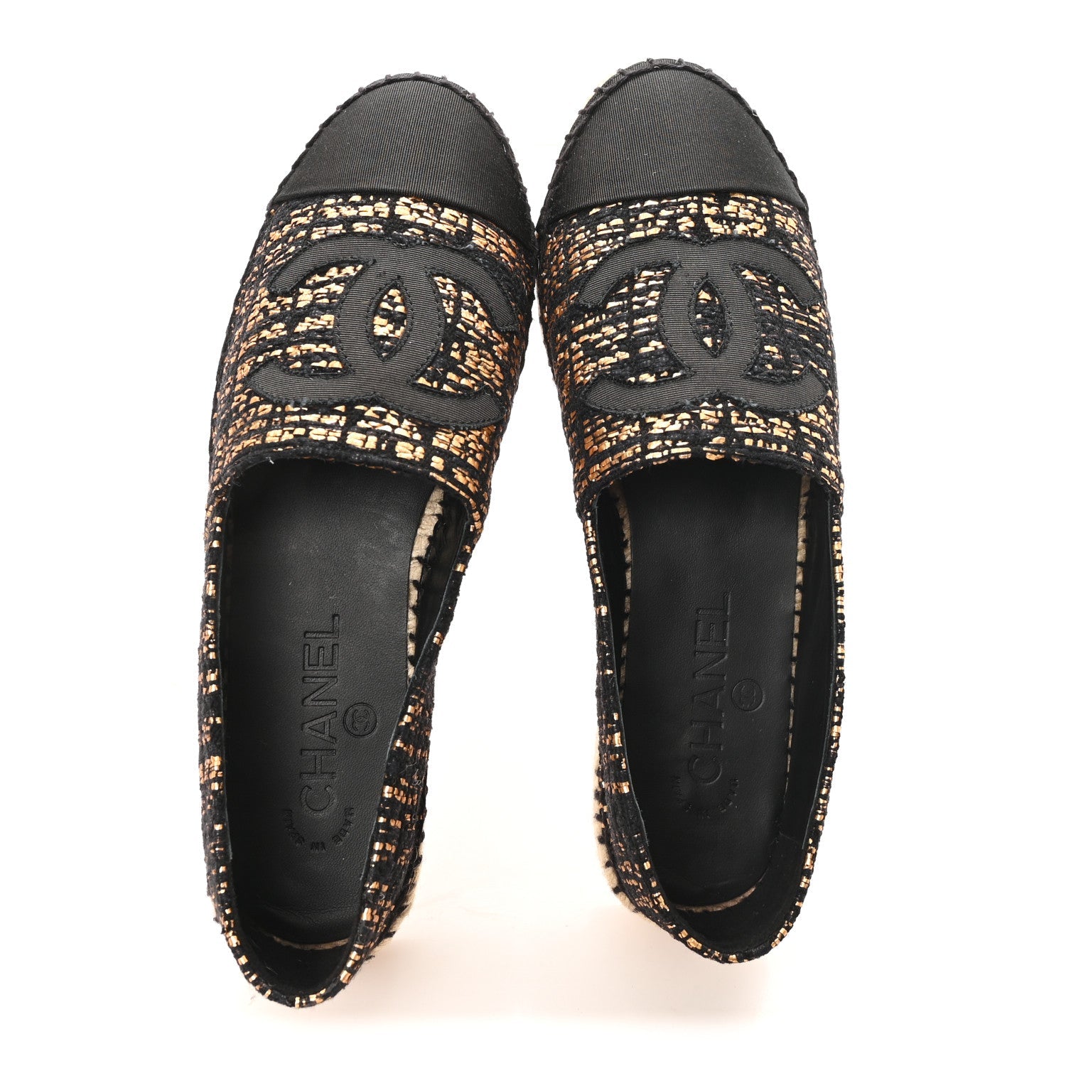 Metallic Tweed Grosgrain CC Espadrilles 38 Gold Black