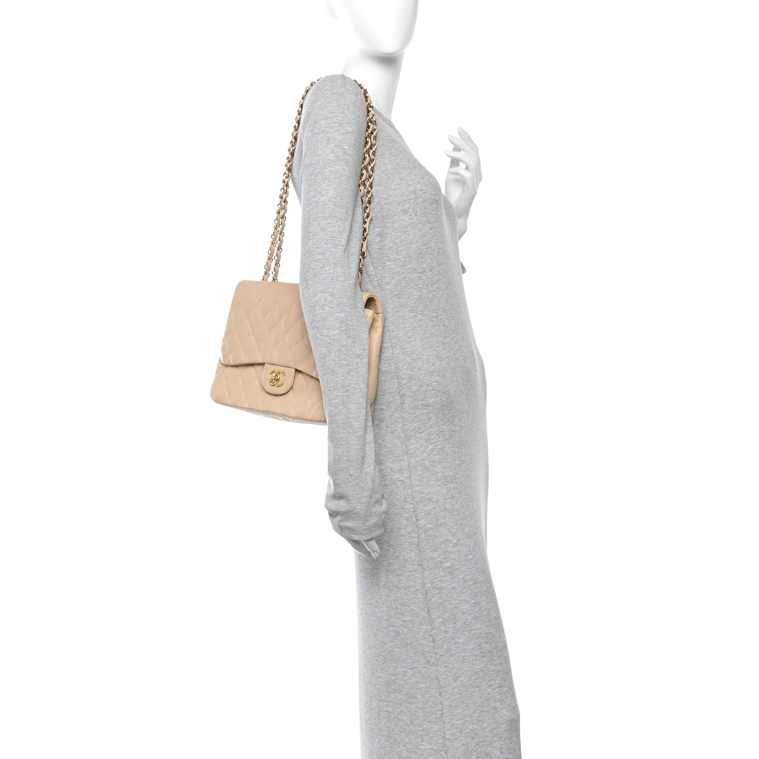 Chanel Lambskin Quilted Jumbo Single Flap Beige