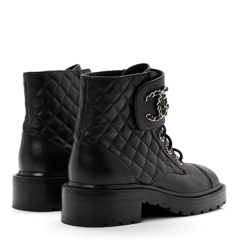 Chanel Shiny Lambskin Quilted Lace Up Combat Boots 38.5 Black