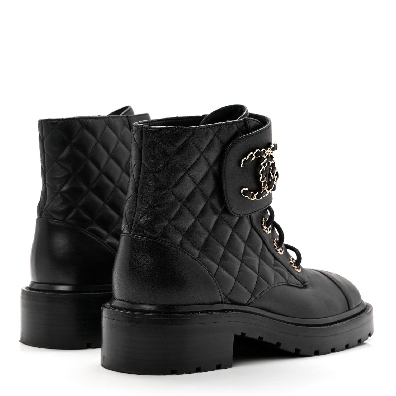 Chanel Shiny Lambskin Quilted Lace Up Combat Boots 38.5 Black