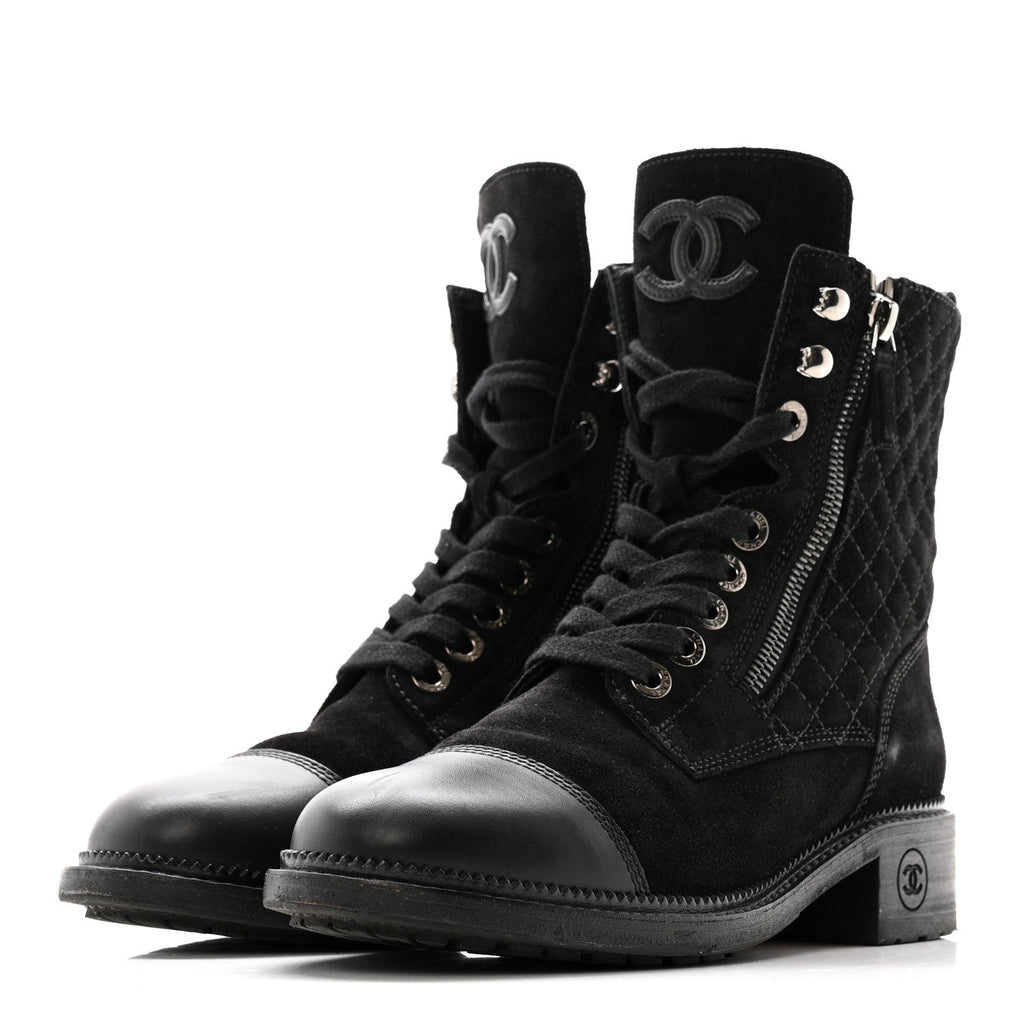 Chanel Suede Calfskin Quilted Lace Up Boots 38 Black