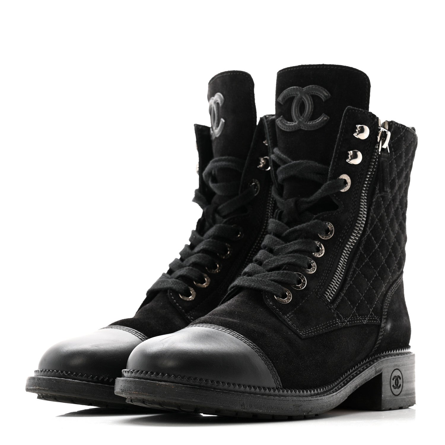 Chanel Suede Calfskin Quilted Lace Up Boots 38 Black