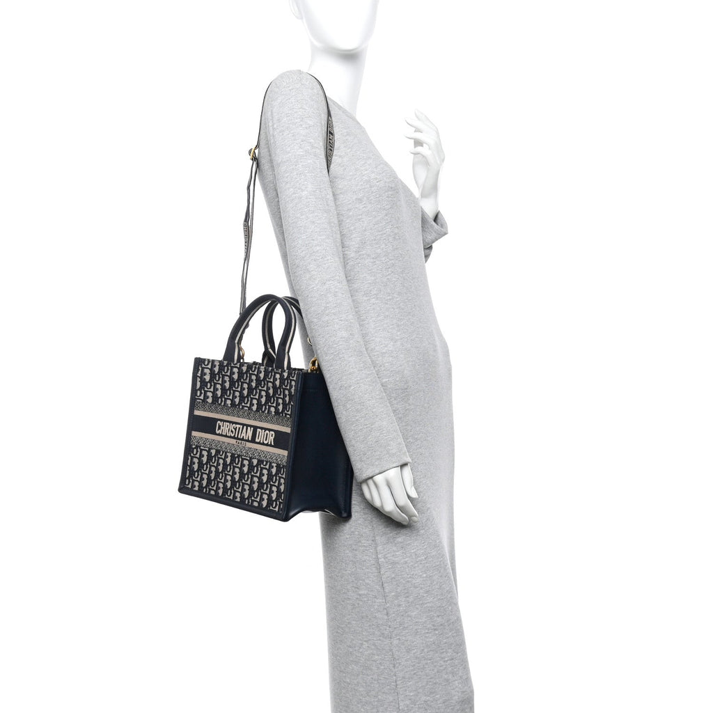 Christian Dior Oblique Calfskin Small Book Tote With Strap Blue Multicolor