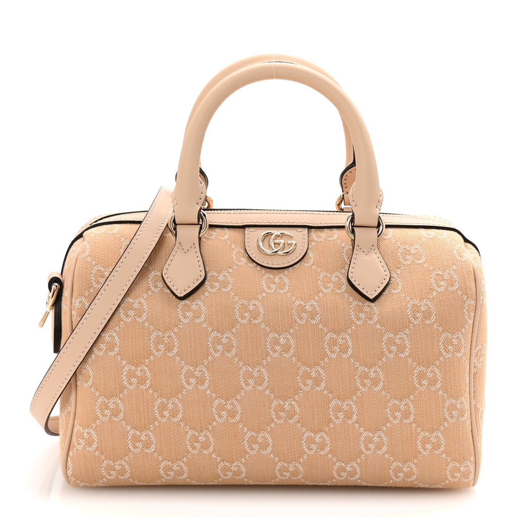 Gucci Summer Denim Calfskin GG Monogram Small Ophidia Top Handle Bag Souffle Rose
