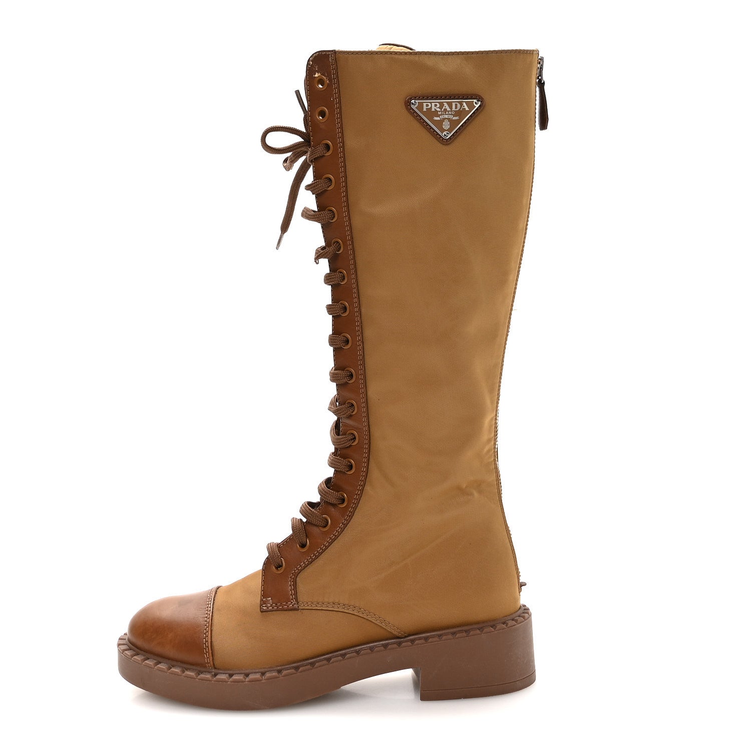 Prada Re-Nylon Spazzolato Rois Metal Triangle Logo Tall 50mm Combat Boots 35.5 Tobacco Brown