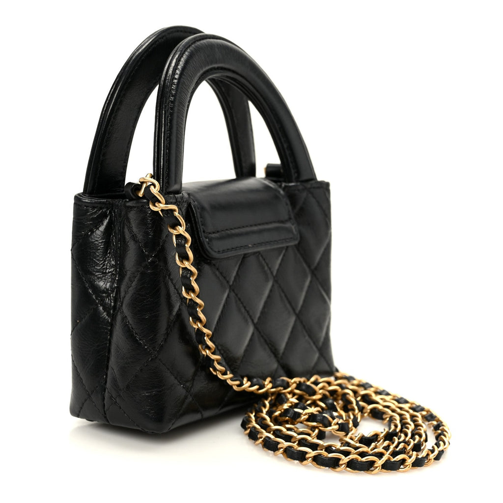 Chanel Shiny Aged Calfskin Quilted Mini Nano Kelly Shopper Black
