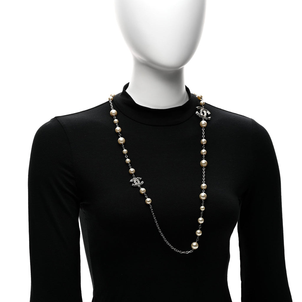 Graduated Pearl Crystal CC Long Necklace Silver