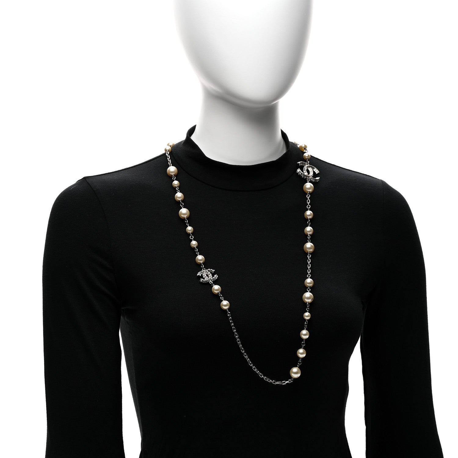 Graduated Pearl Crystal CC Long Necklace Silver