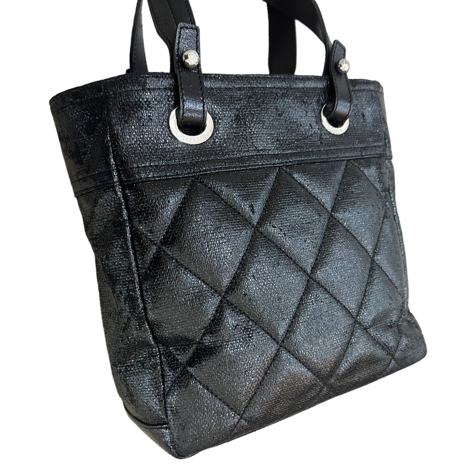 CHANEL Paris Biarritz Tote Black Coated Canvas Leather Small Tote Bag Black