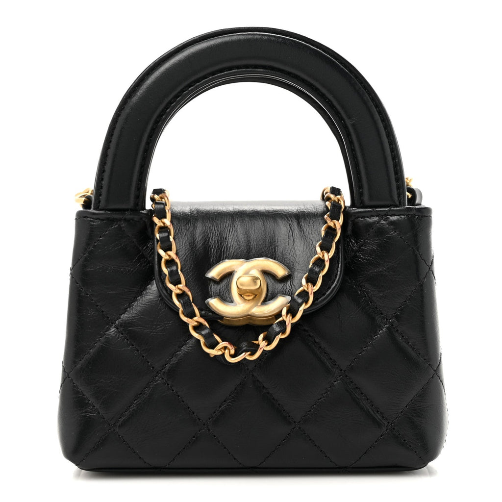 Chanel Shiny Aged Calfskin Quilted Mini Nano Kelly Shopper Black
