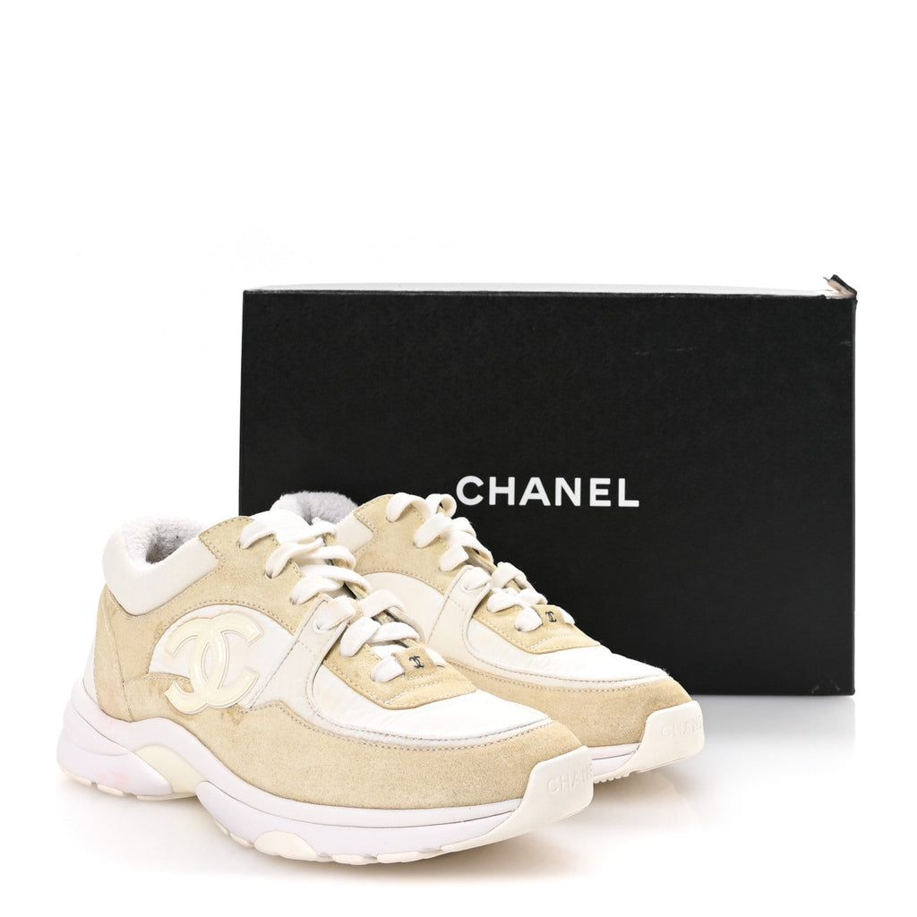 Chanel Suede Calfskin Fabric CC Sneakers 37.5 White