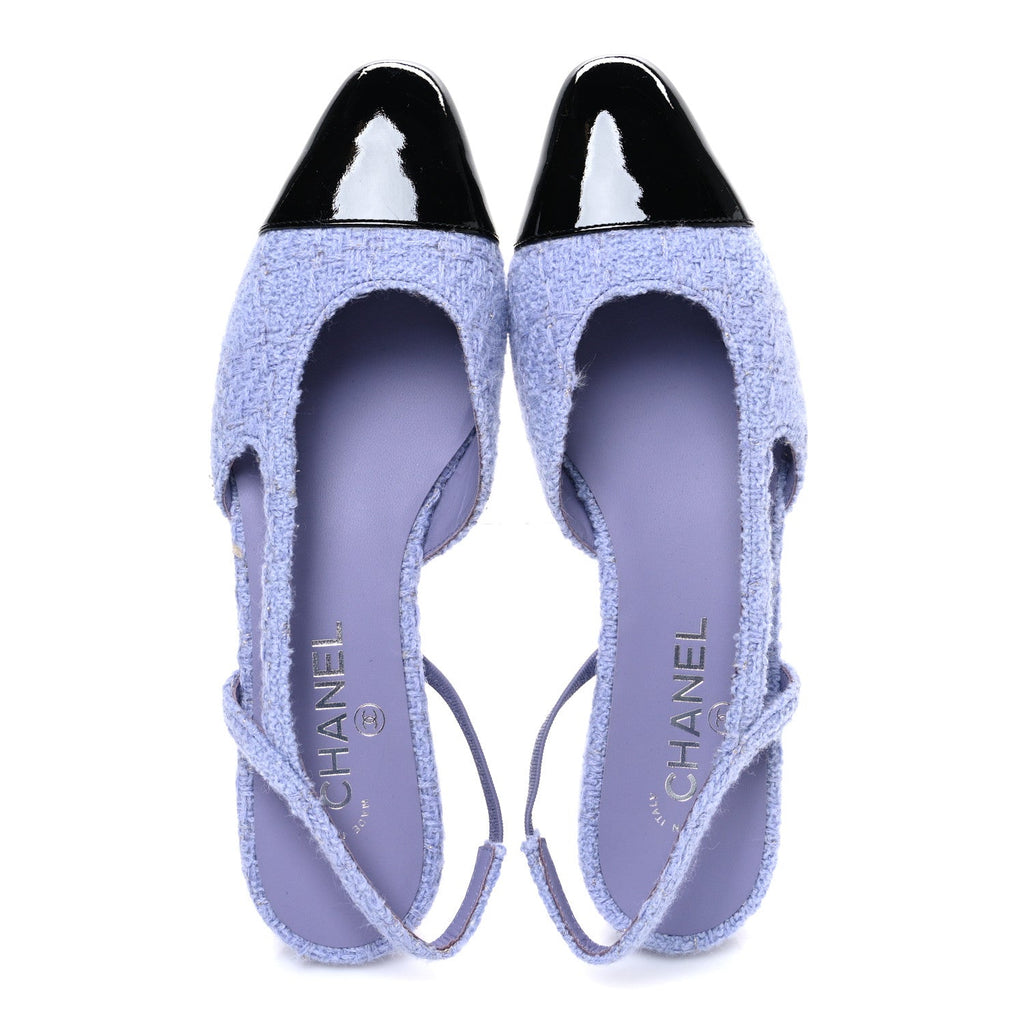 Iridescent Wool Tweed Patent Cap Toe CC Slingback Flats 40 Light Purple Silver Black
