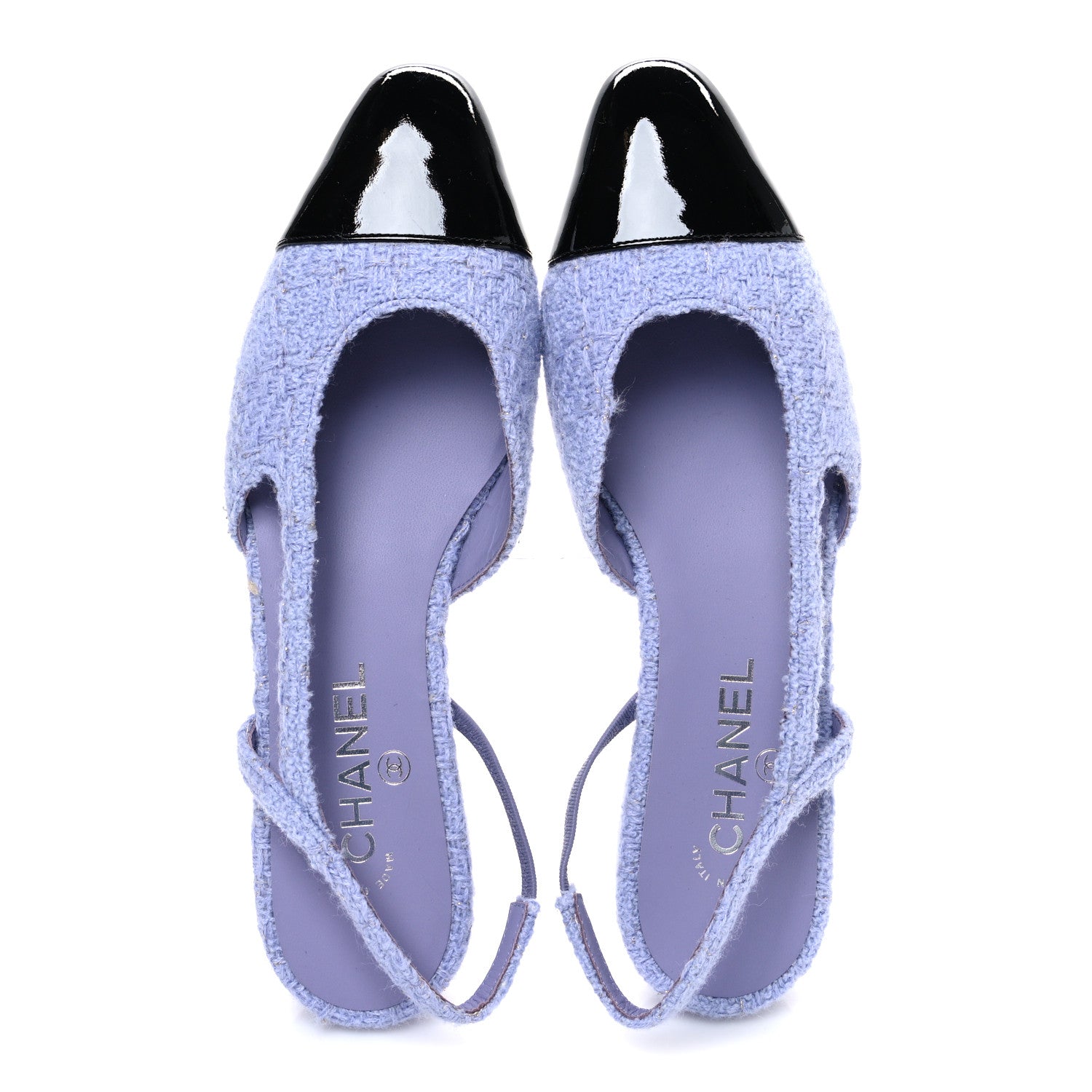 Iridescent Wool Tweed Patent Cap Toe CC Slingback Flats 40 Light Purple Silver Black