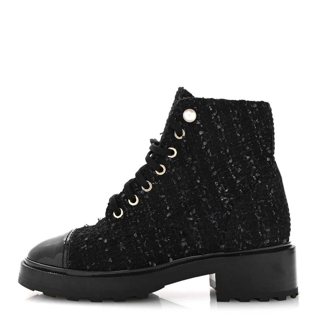 Chanel Tweed Patent Calfskin Pearl Combat Short Boots 37  Black Grey Blue