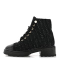 Chanel Tweed Patent Calfskin Pearl Combat Short Boots 37  Black Grey Blue