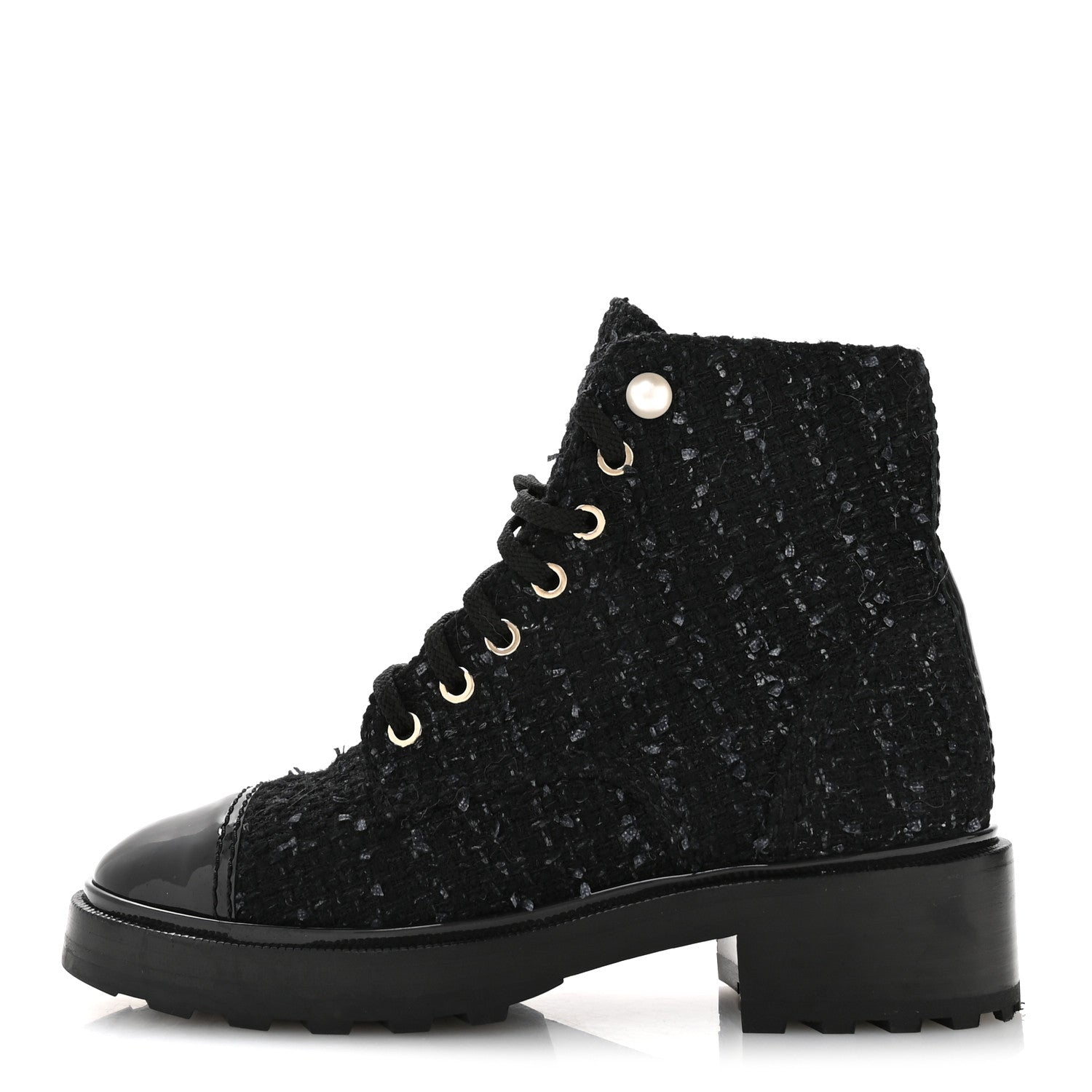 Chanel Tweed Patent Calfskin Pearl Combat Short Boots 37  Black Grey Blue