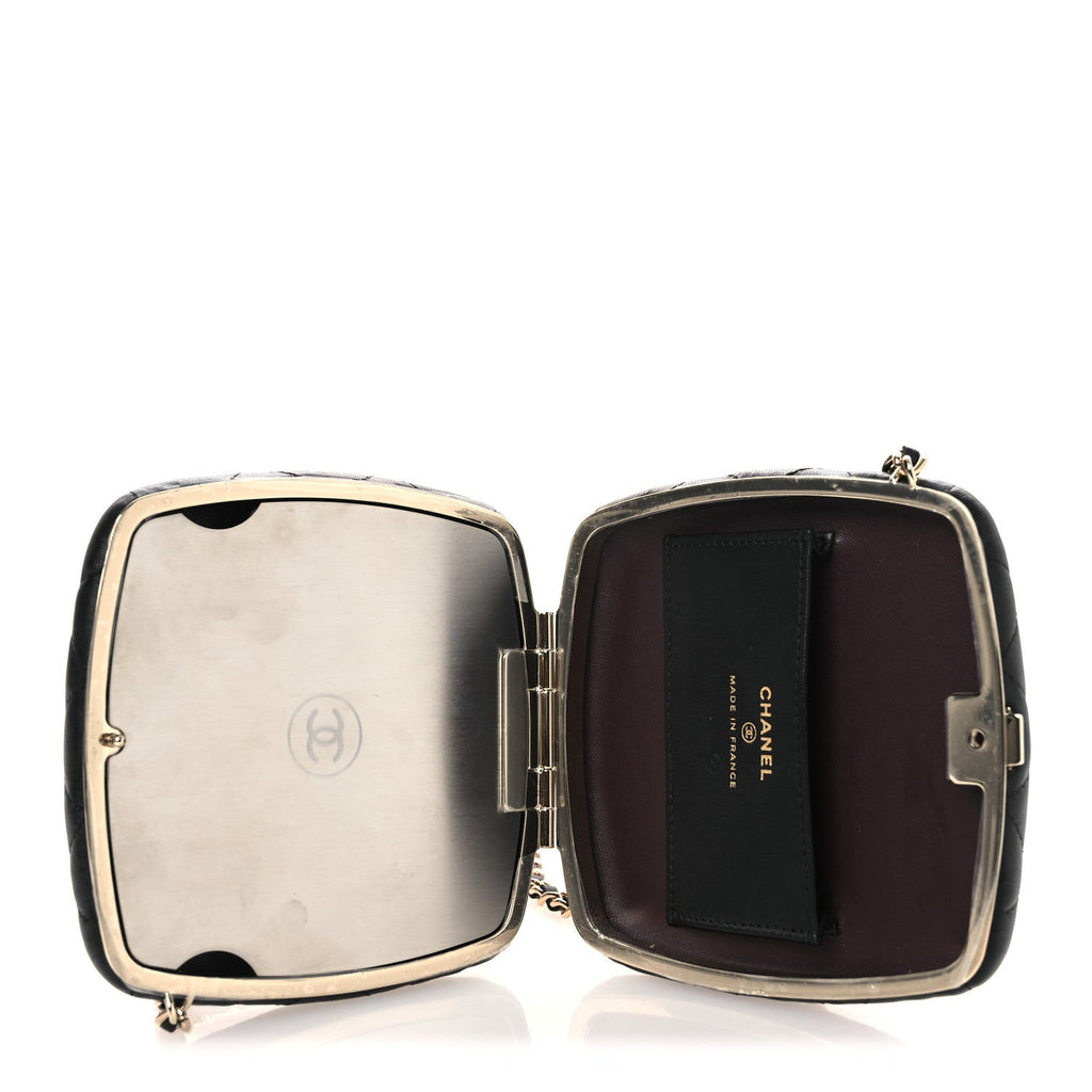 Chanel Lambskin Quilted Compact Vanity Case Purse With Chain Black