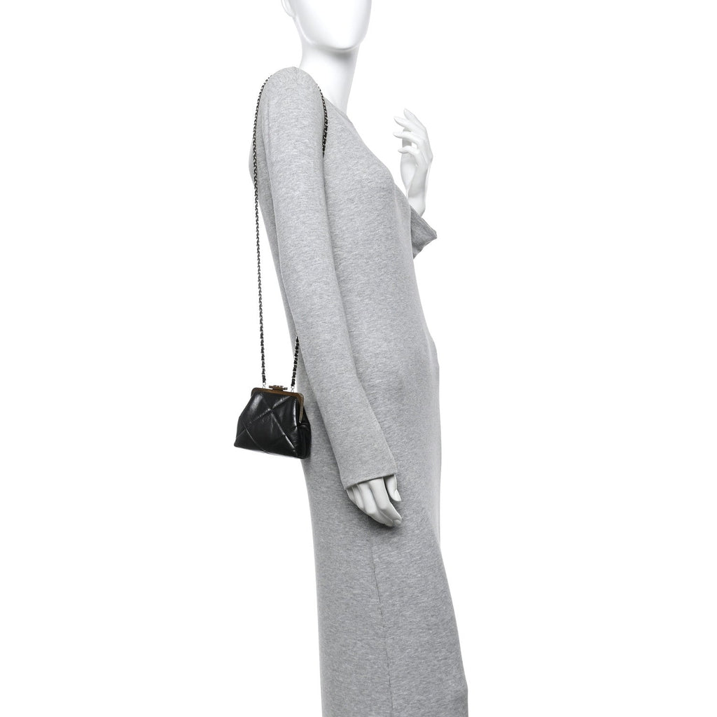 Chanel Shiny Aged Lambskin Quilted Kiss Lock Clutch With Chain Black