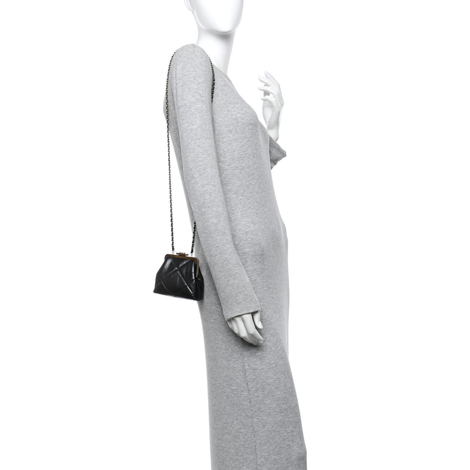 Chanel Shiny Aged Lambskin Quilted Kiss Lock Clutch With Chain Black