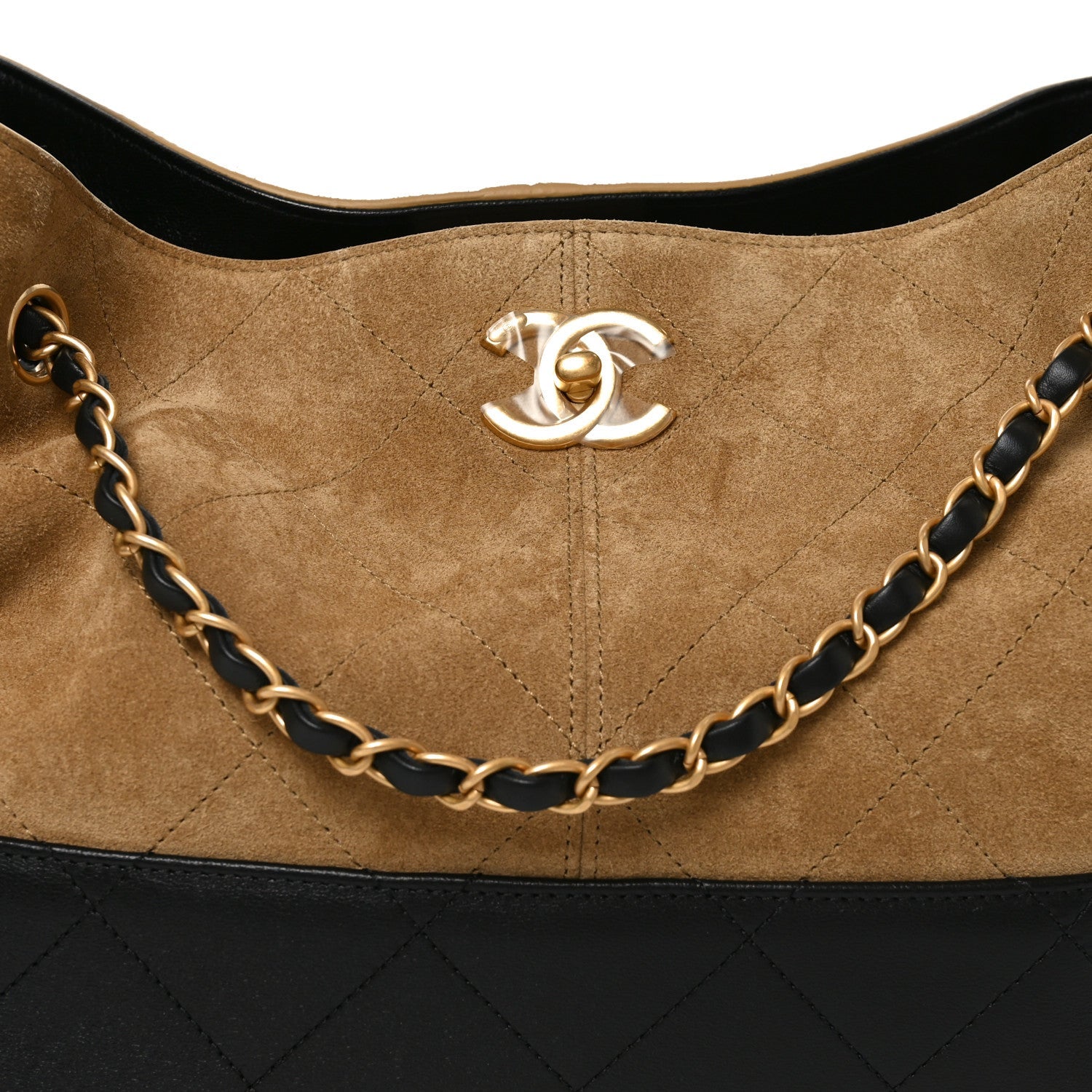 Chanel Suede Calfskin Shiny Lambskin Quilted Small Coco Base Shopping Bag Beige Black