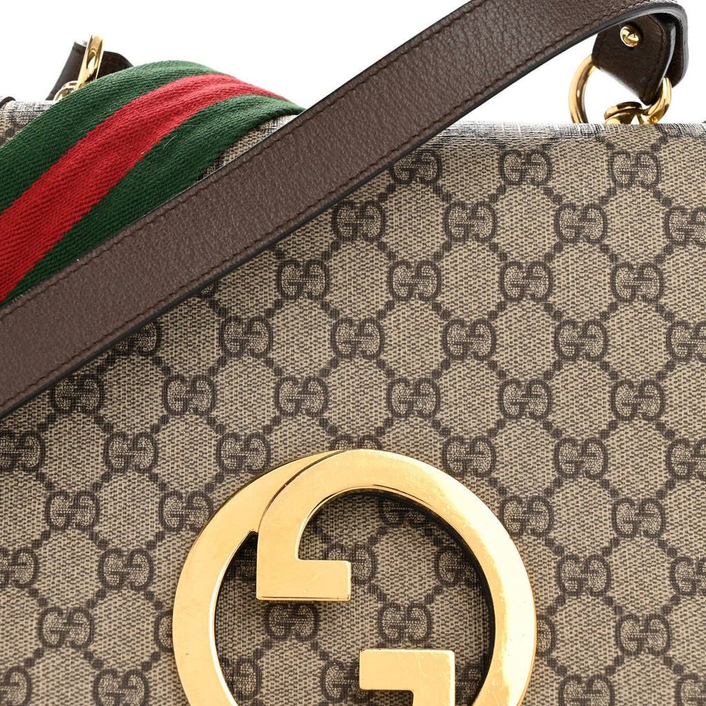 Gucci GG Supreme Monogram Textured Dollar Calfskin Web Medium Blondie Shoulder Flap Bag Beige Ebony New Acero