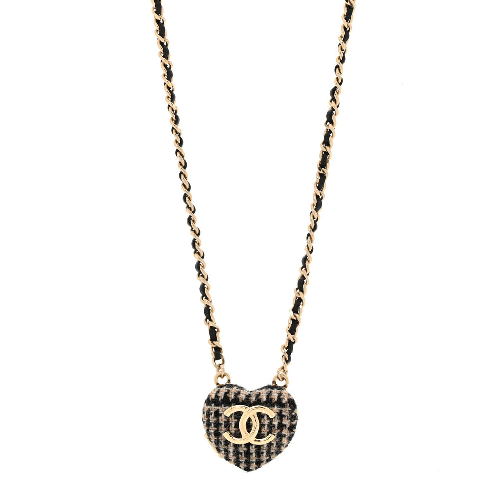 Chanel Tweed Lambskin CC Heart Locket Necklace Gold Black Beige
