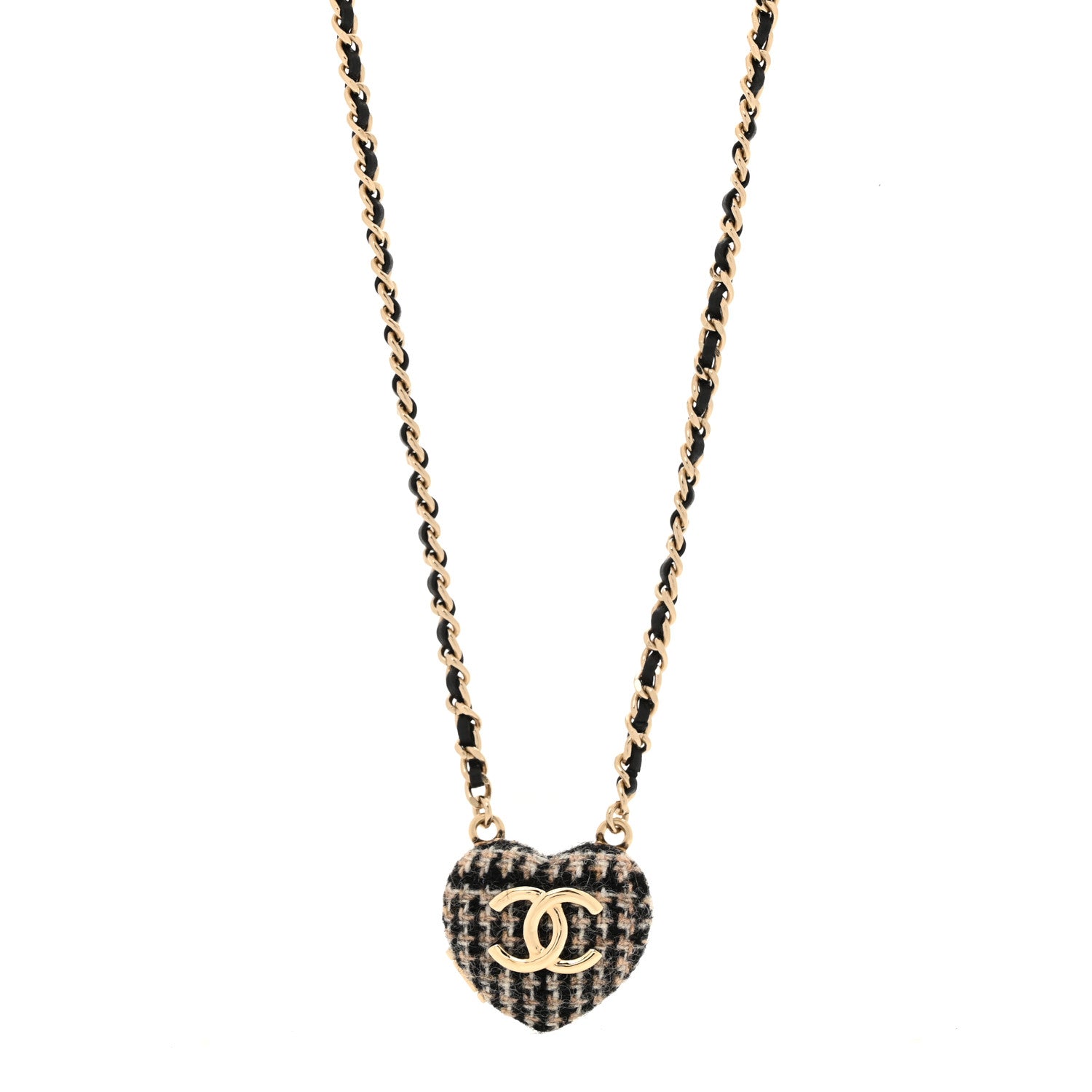 Chanel Tweed Lambskin CC Heart Locket Necklace Gold Black Beige