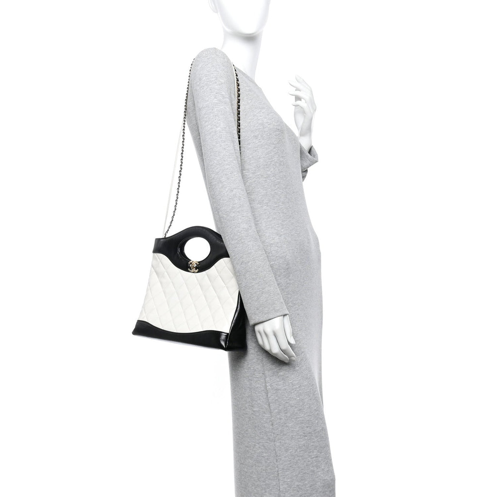 Chanel Patent Calfskin Quilted Mini 31 Shopping Bag White Black