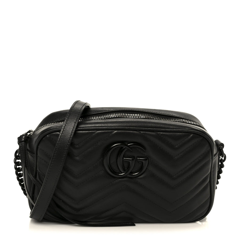 Gucci Calfskin Matelasse Monochrome Small GG Marmont Chain Shoulder Bag Black