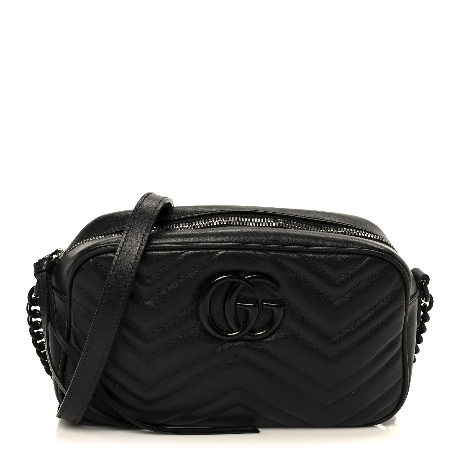 Gucci Calfskin Matelasse Monochrome Small GG Marmont Chain Shoulder Bag Black