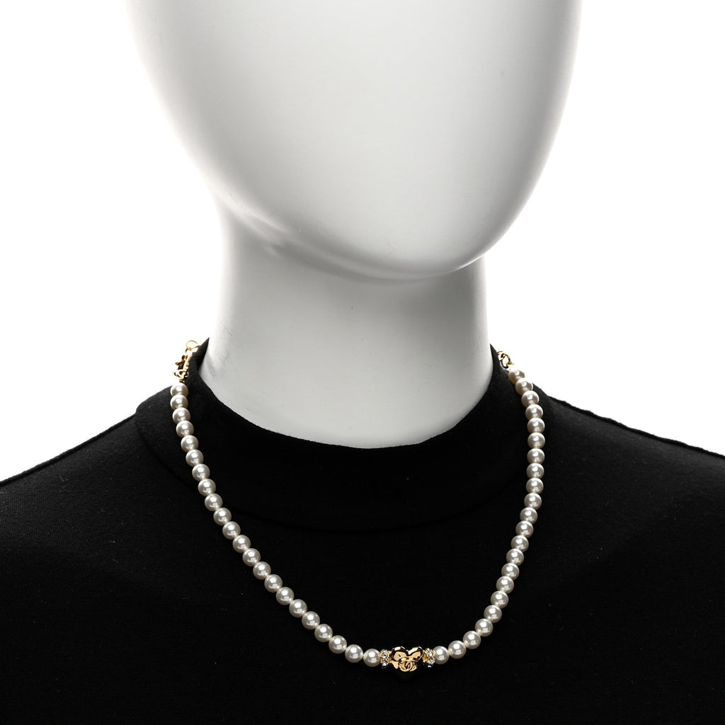 Crystal Pearl CC Heart Choker Necklace Gold