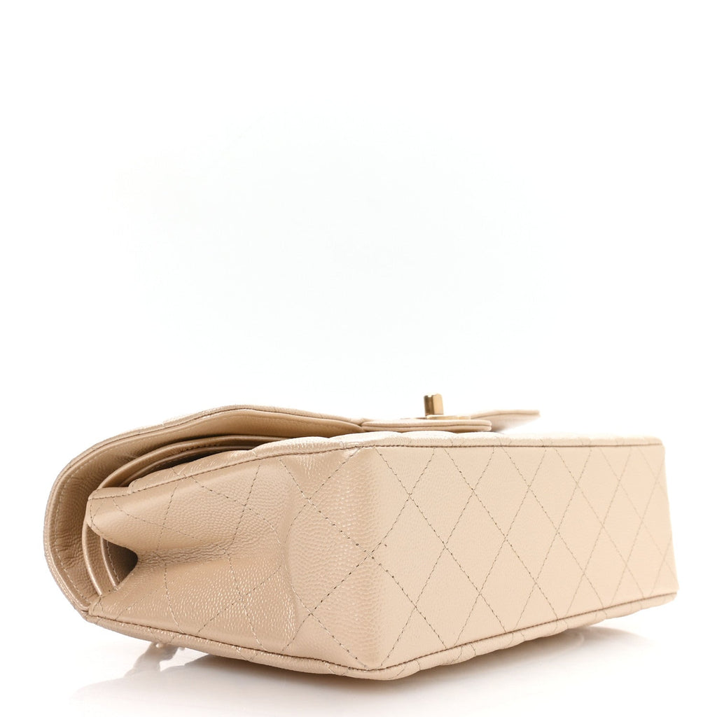 Chanel Metallic Caviar Quilted Small Double Flap Beige