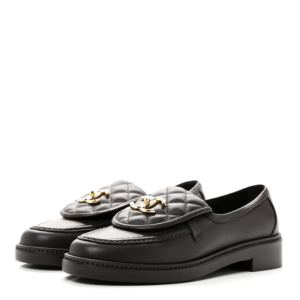 Lambskin Quilted CC Turnlock Loafers 37 Dark Brown