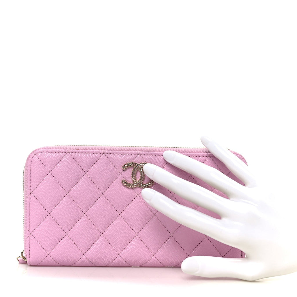 Caviar Quilted Perforated CC Long Zipped Wallet Pink