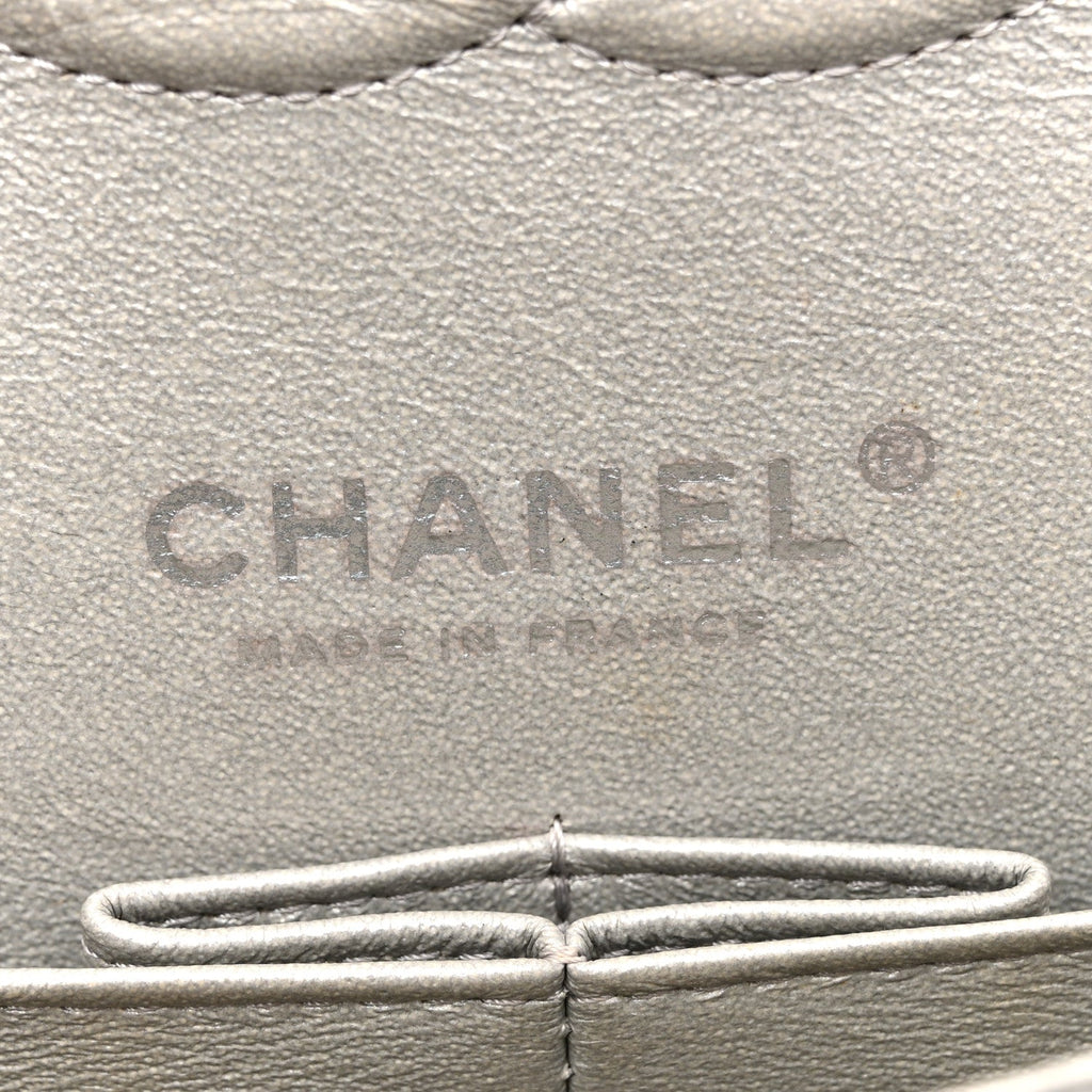 Chanel Metallic Patent Crumpled Calfskin Chevron Quilted Medium Double Flap Silver