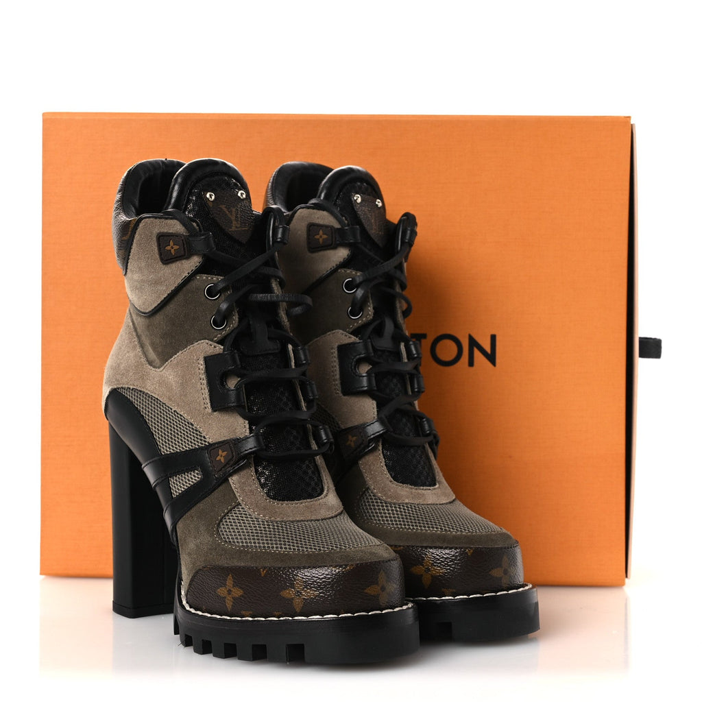Louis Vuitton Suede Calfskin Monogram Star Trail Ankle Boots 38 Khaki