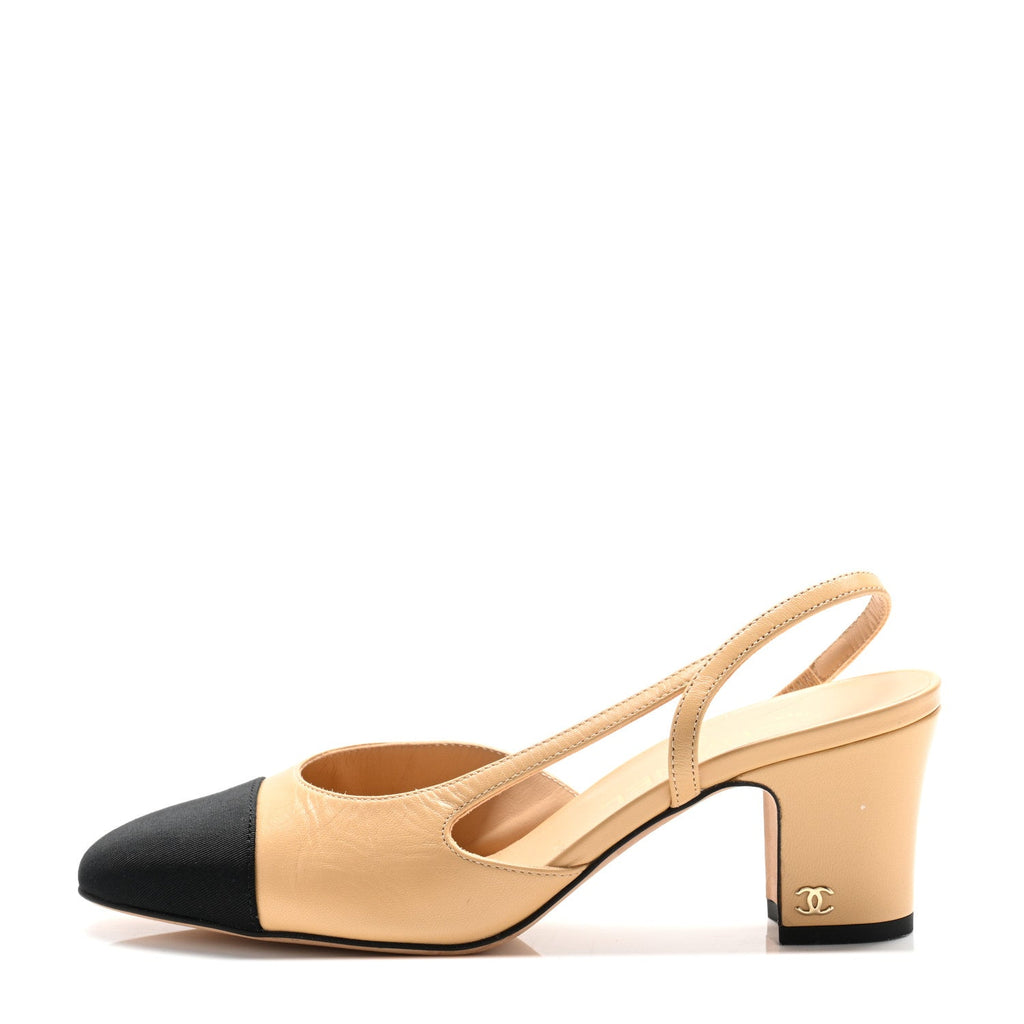 Goatskin Grosgrain Cap Toe CC Slingback Pumps 37 Beige Black