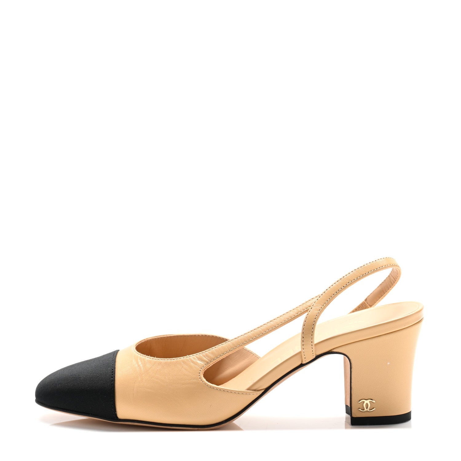 Goatskin Grosgrain Cap Toe CC Slingback Pumps 37 Beige Black