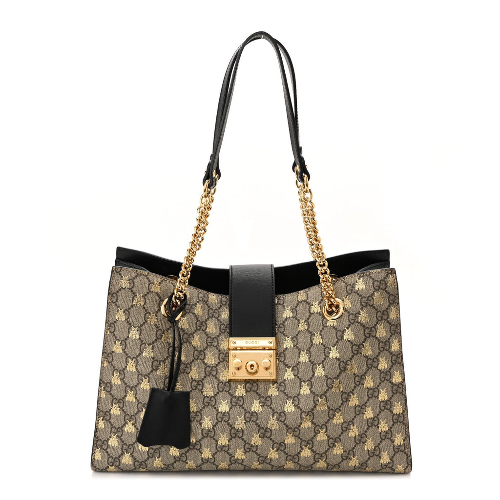 Gucci GG Supreme Monogram Bees Medium Padlock Tote Beige Oro Black