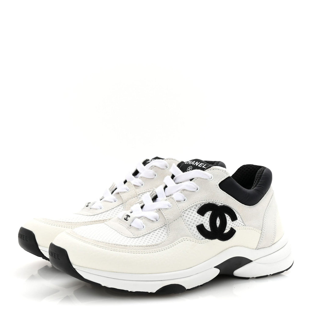 Mesh Suede Grained Calfskin Womens CC Sneakers 41 White Black